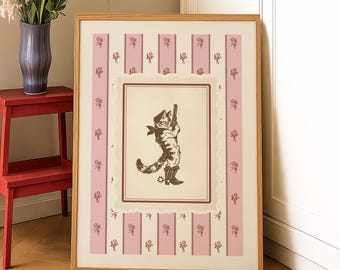 Cowgirl Coquette Cat Art Print – Whimsical Western Toile Wall Art, Pink Rodeo Decor for Bedroom, Nursery or Living Room, Digital Download
