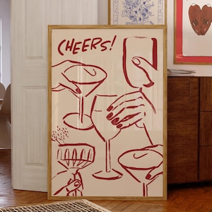 Póster "Cheers!" rojo dibujado a mano, arte mural de cocina ecléctica francesa, impresión estética en rojo y blanco, decoración de vinoteca en Pinterest, descarga digital