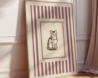Vintage Cat Print: Striped Cottagecore Nursery Wall Art (Digital Download)
