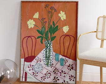 Lámina de naturaleza muerta floral inspirada en Matisse / Arte mural botánico maximalista (descarga digital)