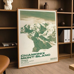Retro Chamonix Mont-Blanc Alps Graphic Poster – Green Vintage Mountain Travel Wall Art, French Alps Ski Resort Print, Digital Download