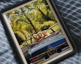 Impression d'art Golden Retriever - voiture ancienne, photo de chien BCBG (téléchargement numérique)