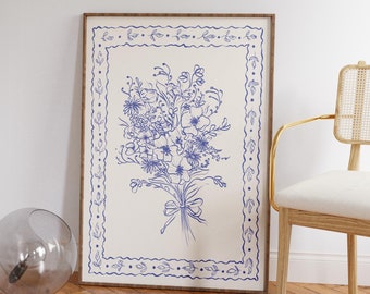 Blue Floral Print – French Chinoiserie Toile Wall Art, Vintage Wildflower Botanical Decor for Bedroom or Living Room, Digital Download