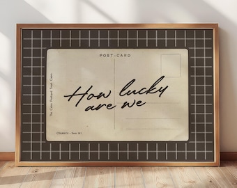 How Lucky Are We Vintage Postcard Wall Art – Neutral Typography Print, Gingham Background Print, Sentimental Quote Print, Digital Download