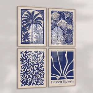 Juego de 4 piezas de arte mural de la Riviera Francesa, estampado abstracto azul costero, decoración de lujo con un toque mediterráneo, descarga digital botánica náutica