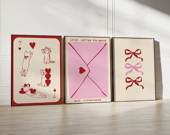 3 Piece Set Trendy Coquette Red and Pink Aesthetic Prints, Trendy Eclectic Maximalist Wall Decor, Pinterest Aesthetic Digital Poster Set