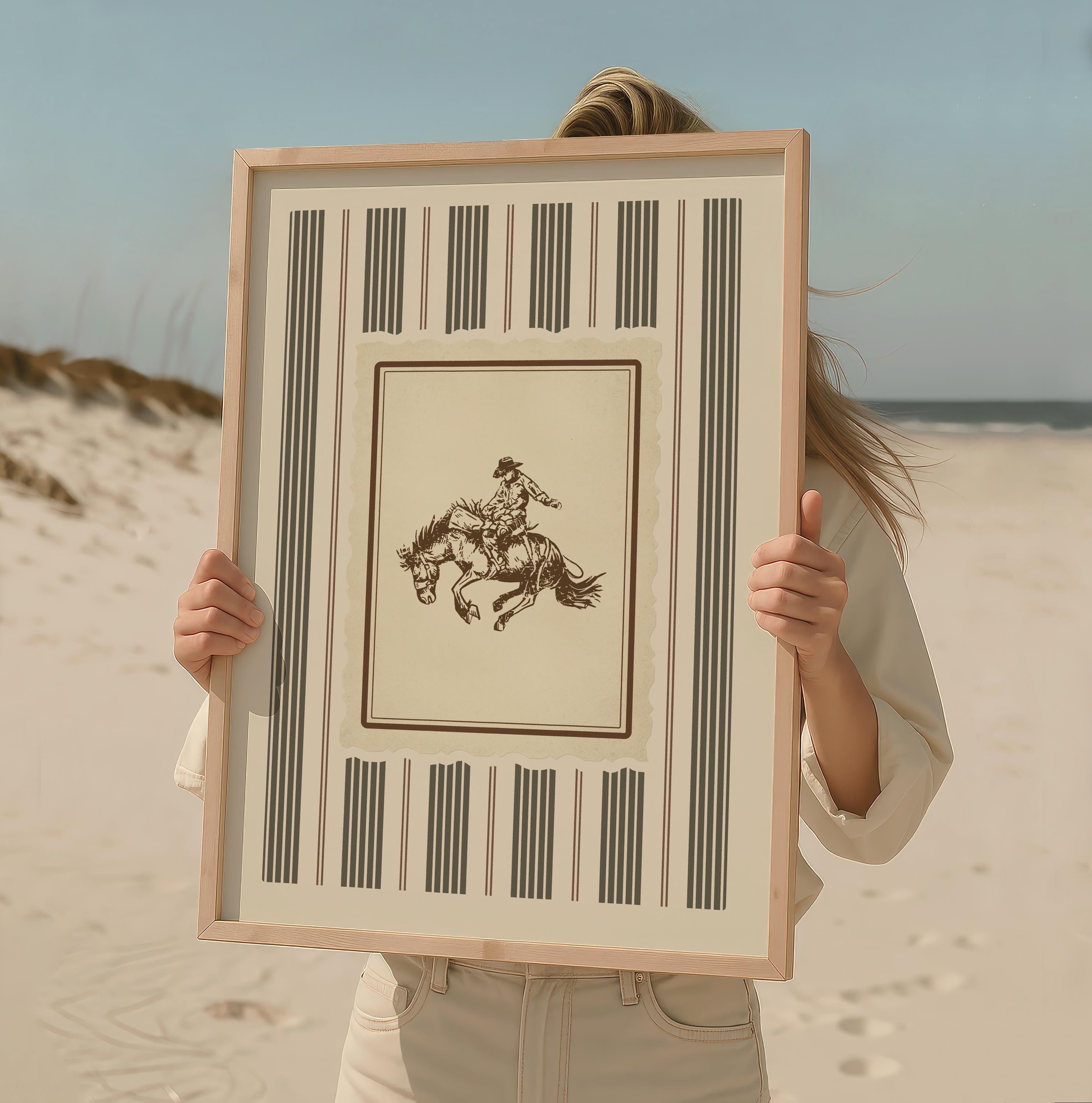 Vintage Cowboy Art Print – Rustic Western Rodeo Wall Art, Charcoal Stripes Farmhouse Decor for Living Room or Cabin, Digital Download