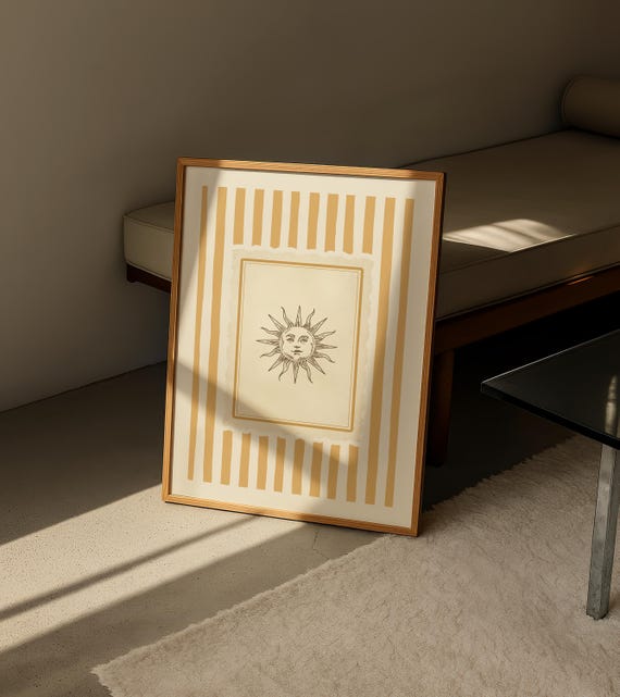 Vintage Sun Face Eclectic Wall Art – Yellow Stripe Celestial Decor, Quiet Luxury Cosmic Poster, Boho Sun Astrology Print, Digital Download