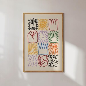 Bring color and charm to your space with this whimsical floral art print! Featuring a playful grid of abstract flower and leaf illustrations in bright, bold colors, this piece is perfect for adding a modern touch to eclectic, boho, or minimalist decor. Printed with a hand-drawn, artsy feel, it’s a great fit for living rooms, bedrooms, studios, or gallery walls.