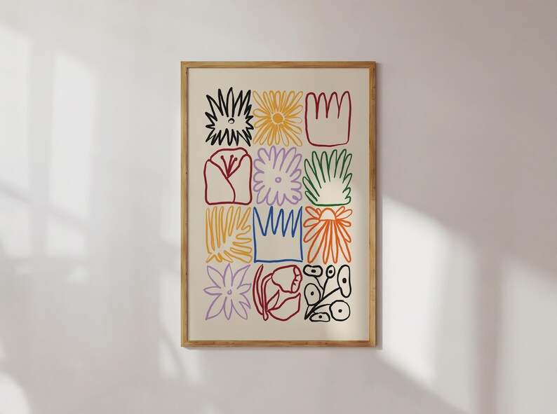 Bring color and charm to your space with this whimsical floral art print! Featuring a playful grid of abstract flower and leaf illustrations in bright, bold colors, this piece is perfect for adding a modern touch to eclectic, boho, or minimalist decor. Printed with a hand-drawn, artsy feel, it’s a great fit for living rooms, bedrooms, studios, or gallery walls.