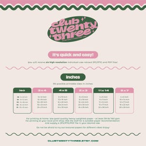 May include: A printable art size guide in pink, green, and beige. The guide includes a logo with the text "club twenty three" and lists various print sizes in inches, such as 8x10, 11x14, and 16x20.