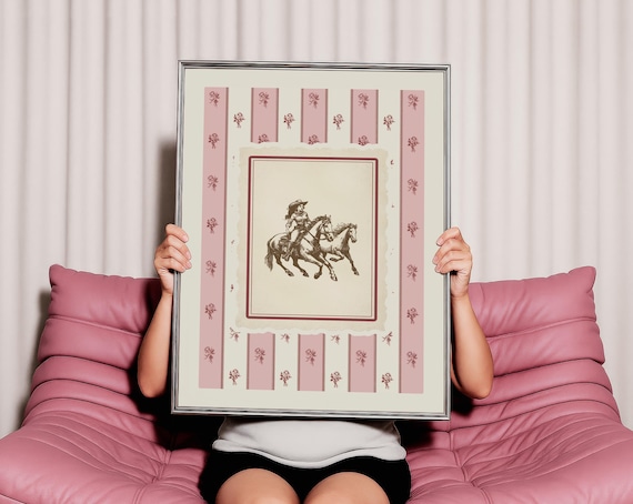 Cowgirl Horseback Riding Art Print – Pink Toile Western Rodeo Wall Art, Rustic Farmhouse Decor for Bedroom or Living Room, Digital Download