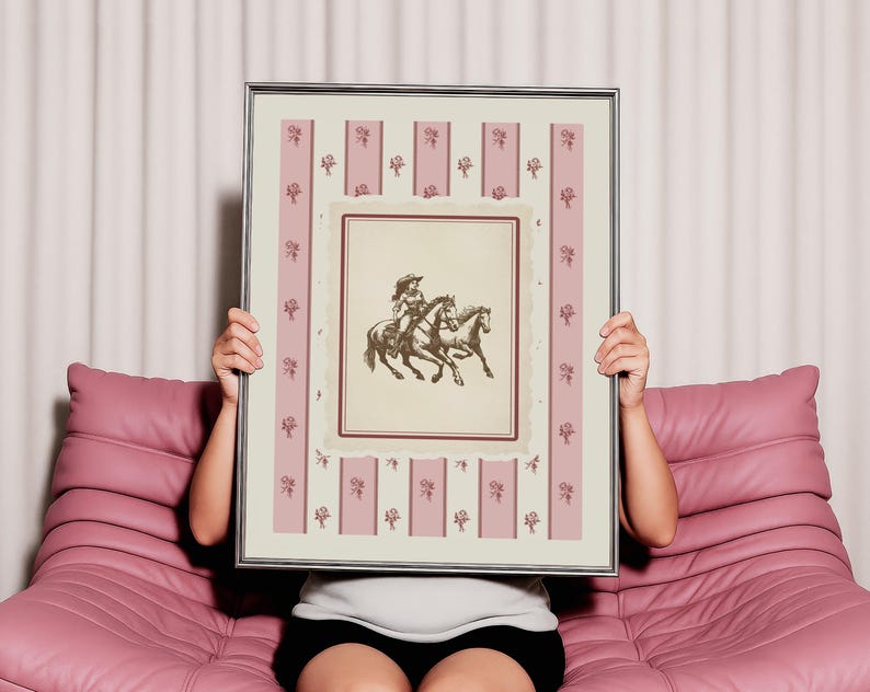 Cowgirl horseback art print with vintage sketch and pink floral toile stripes. A romantic coquettecore Western print perfect for quiet luxury interiors and modern cowgirl decor. Digital download.