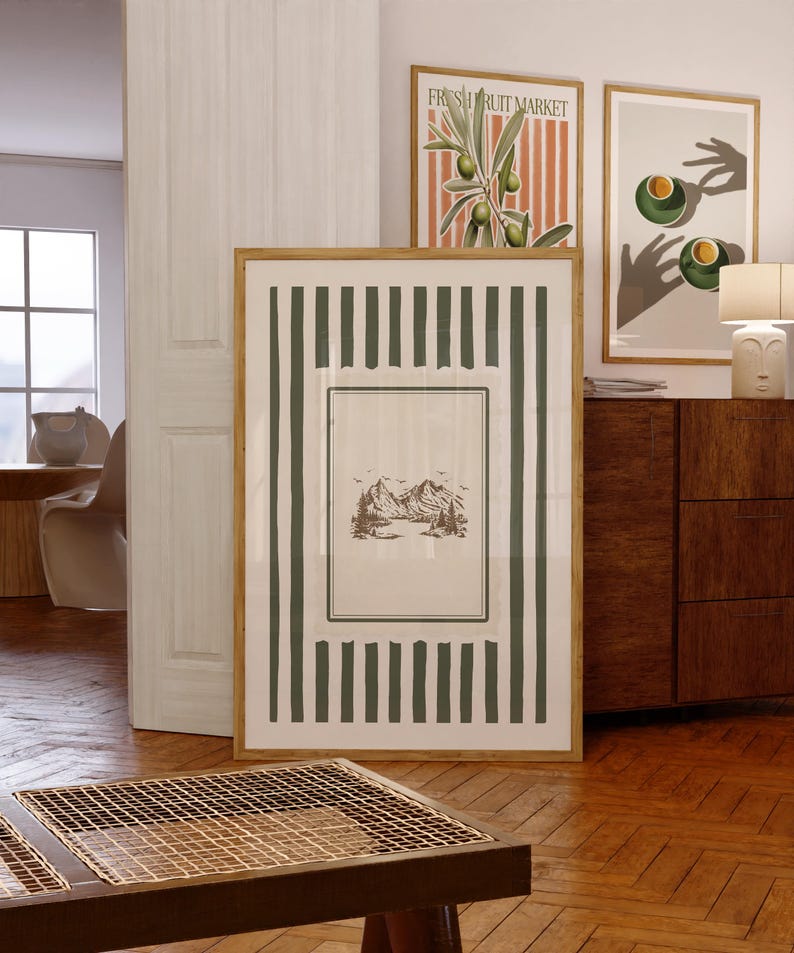 Vintage-style mountain landscape art print with forest green stripes, rustic nature wall decor, quiet luxury cottagecore digital download