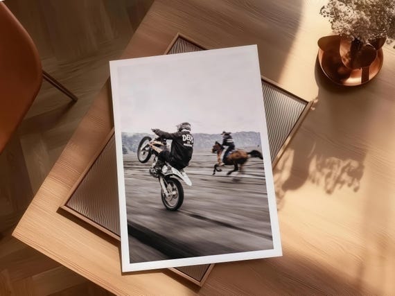 Modern Motocross Horse Racing Wall Art – Urban Western Desert Action Photography Print, Modern Biker vs Cowboy Home Decor, Digital Download