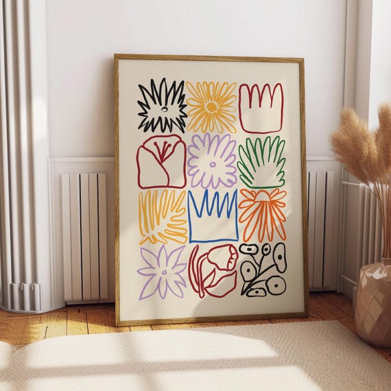 Colorful Abstract Flower Art Print – Modern Botanical Wall Decor, Playful Hand Drawn Florals, Midcentury Inspired Poster, Digital Download