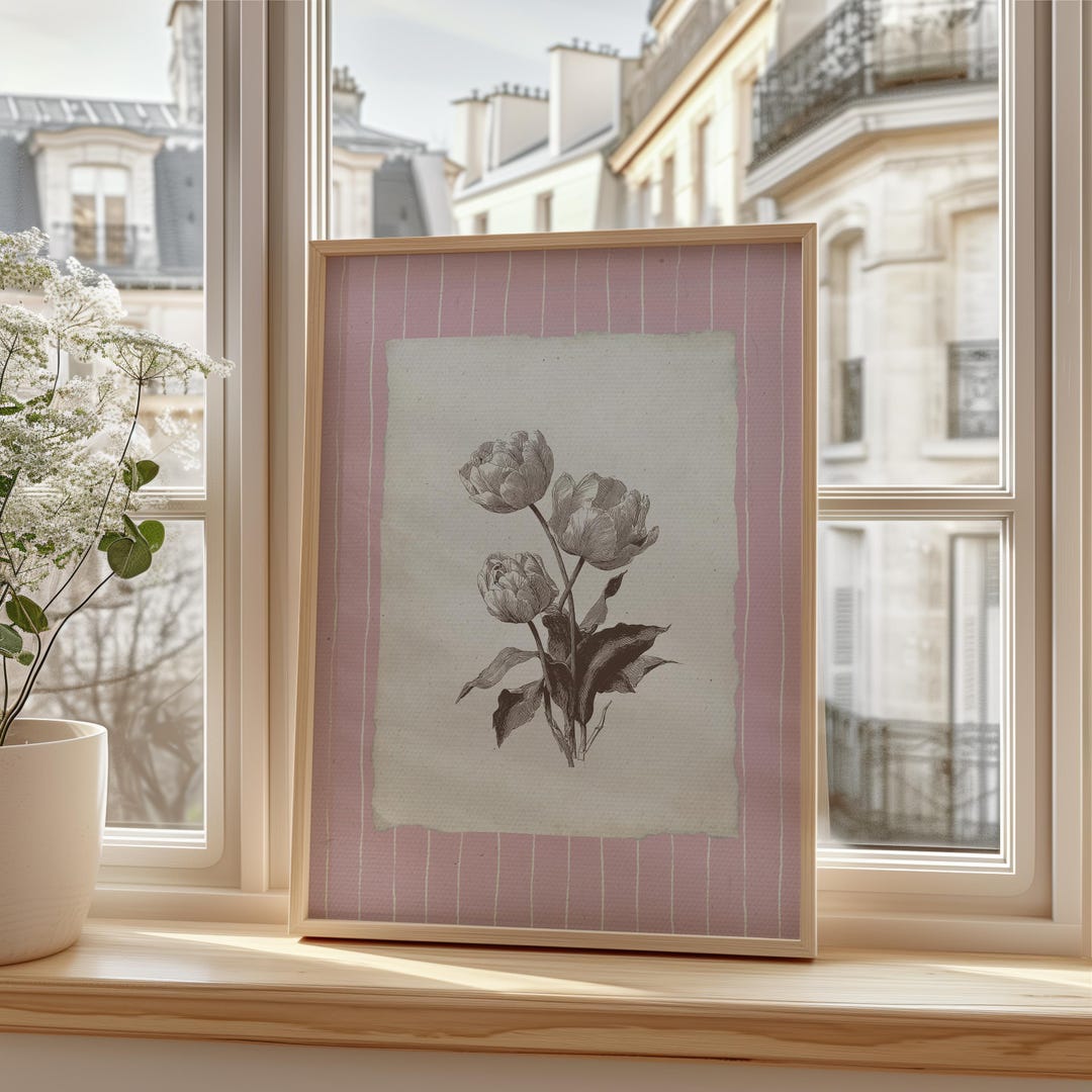 Vintage Tulip Botanical Print Wall Art: Pink Cottagecore Floral Decor ...
