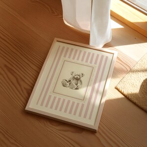 Vintage-style teddy bear art print with pink vertical stripes, French country nursery wall decor, digital download for baby girl’s room