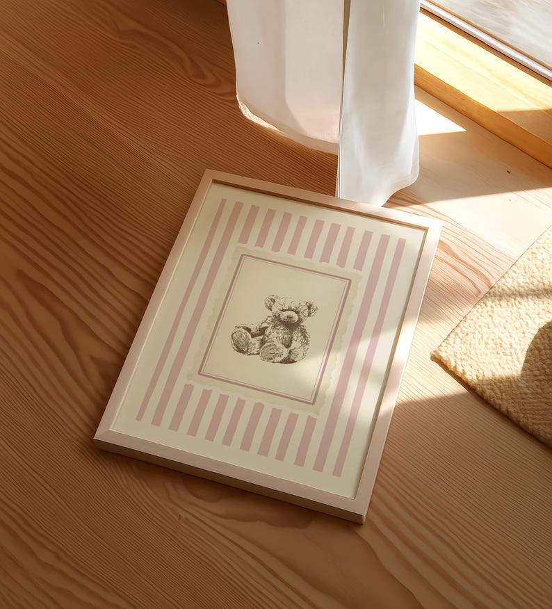 Vintage-style teddy bear art print with pink vertical stripes, French country nursery wall decor, digital download for baby girl’s room