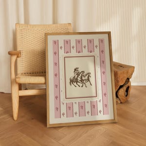Cowgirl horseback art print with vintage sketch and pink floral toile stripes. A romantic coquettecore Western print perfect for quiet luxury interiors and modern cowgirl decor. Digital download.