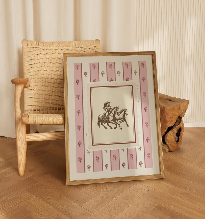 Cowgirl horseback art print with vintage sketch and pink floral toile stripes. A romantic coquettecore Western print perfect for quiet luxury interiors and modern cowgirl decor. Digital download.