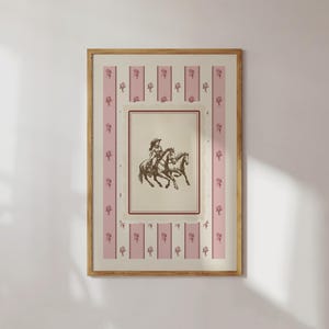 Cowgirl horseback art print with vintage sketch and pink floral toile stripes. A romantic coquettecore Western print perfect for quiet luxury interiors and modern cowgirl decor. Digital download.