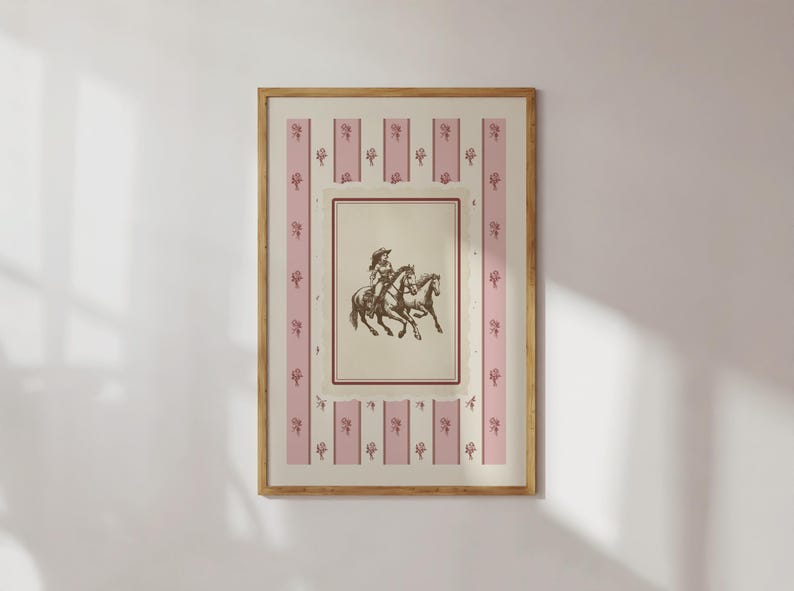 Cowgirl horseback art print with vintage sketch and pink floral toile stripes. A romantic coquettecore Western print perfect for quiet luxury interiors and modern cowgirl decor. Digital download.