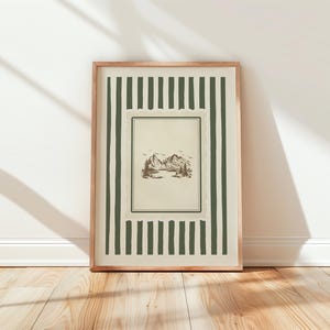 Vintage-style mountain landscape art print with forest green stripes, rustic nature wall decor, quiet luxury cottagecore digital download