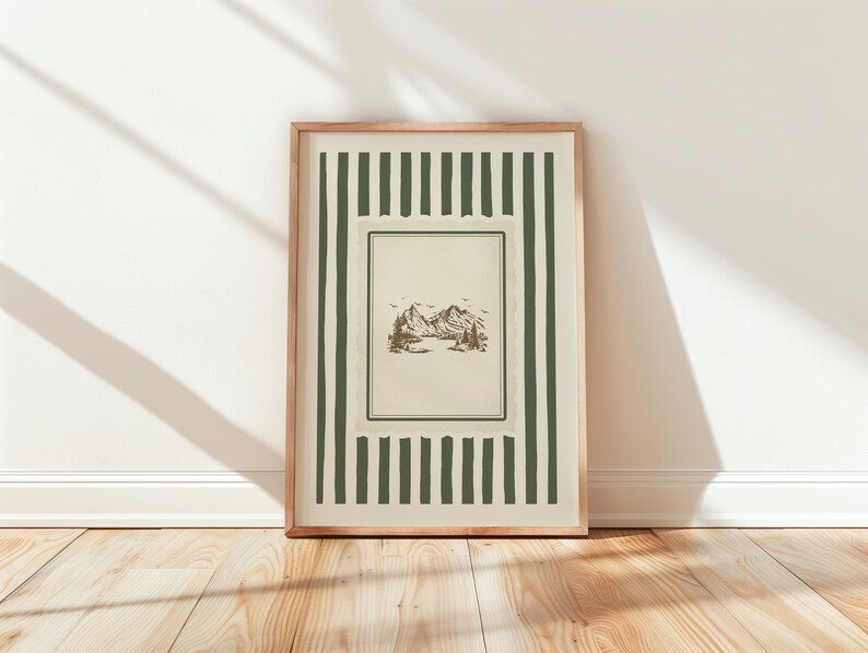 Vintage-style mountain landscape art print with forest green stripes, rustic nature wall decor, quiet luxury cottagecore digital download