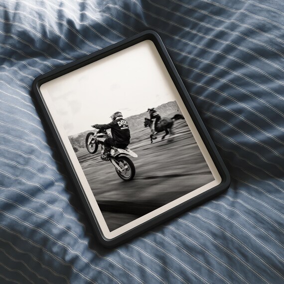 Black & White Motocross Horse Racing Wall Art – Western Desert Action Photography Print, Modern Biker vs Cowboy Home Decor, Digital Download