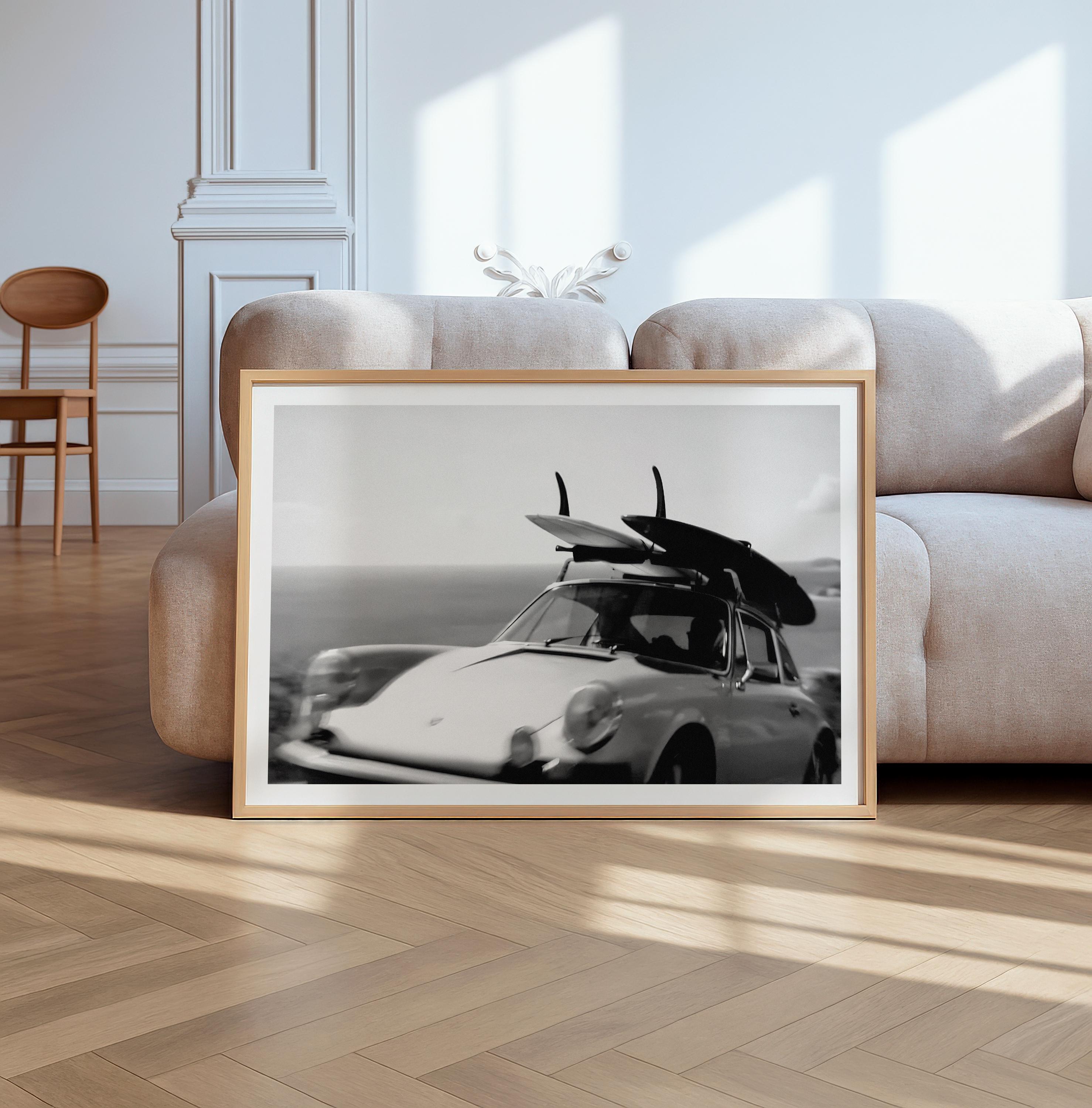 Vintage Porsche Surf Car Print – Coastal Black and White