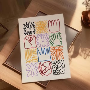 Bring color and charm to your space with this whimsical floral art print! Featuring a playful grid of abstract flower and leaf illustrations in bright, bold colors, this piece is perfect for adding a modern touch to eclectic, boho, or minimalist decor. Printed with a hand-drawn, artsy feel, it’s a great fit for living rooms, bedrooms, studios, or gallery walls.