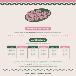 Puede incluir: Una gu&iacute;a de tallas imprimible en rosa, verde y blanco, con el texto "Club Twenty Three" y "It's quick and easy!". La gu&iacute;a enumera los tama&ntilde;os en cent&iacute;metros, incluyendo 28x36 cm y 13x18 cm, con instrucciones de impresi&oacute;n.