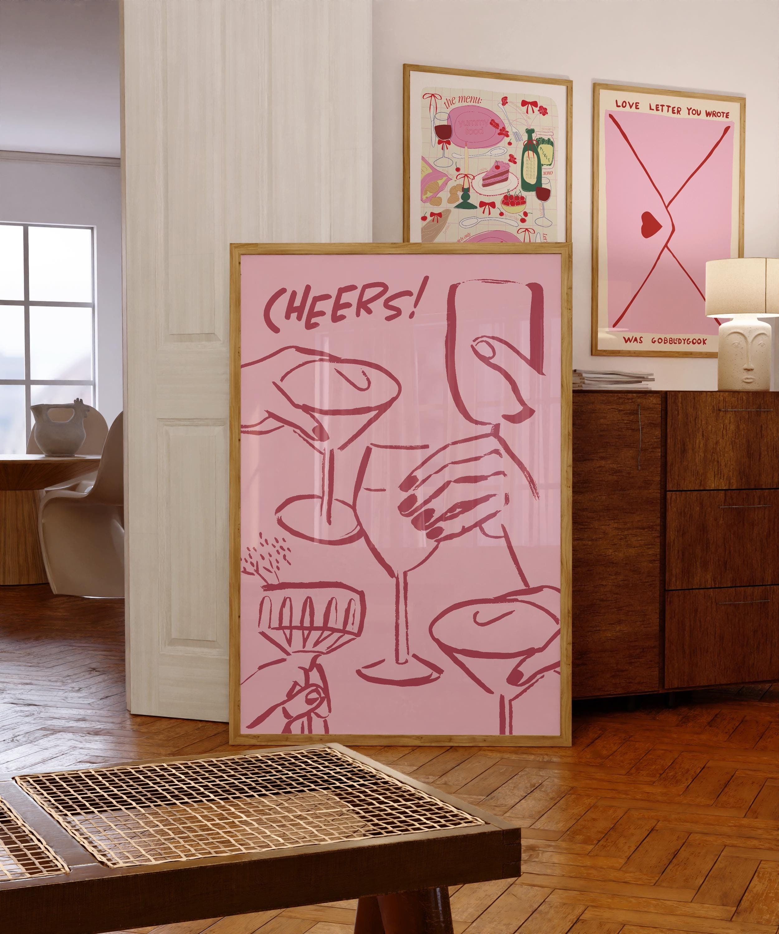 Pink Cheers Art Print: French Eclectic Wine Bar Decor (Digital Download)