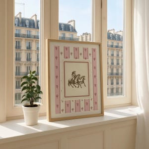 Cowgirl horseback art print with vintage sketch and pink floral toile stripes. A romantic coquettecore Western print perfect for quiet luxury interiors and modern cowgirl decor. Digital download.