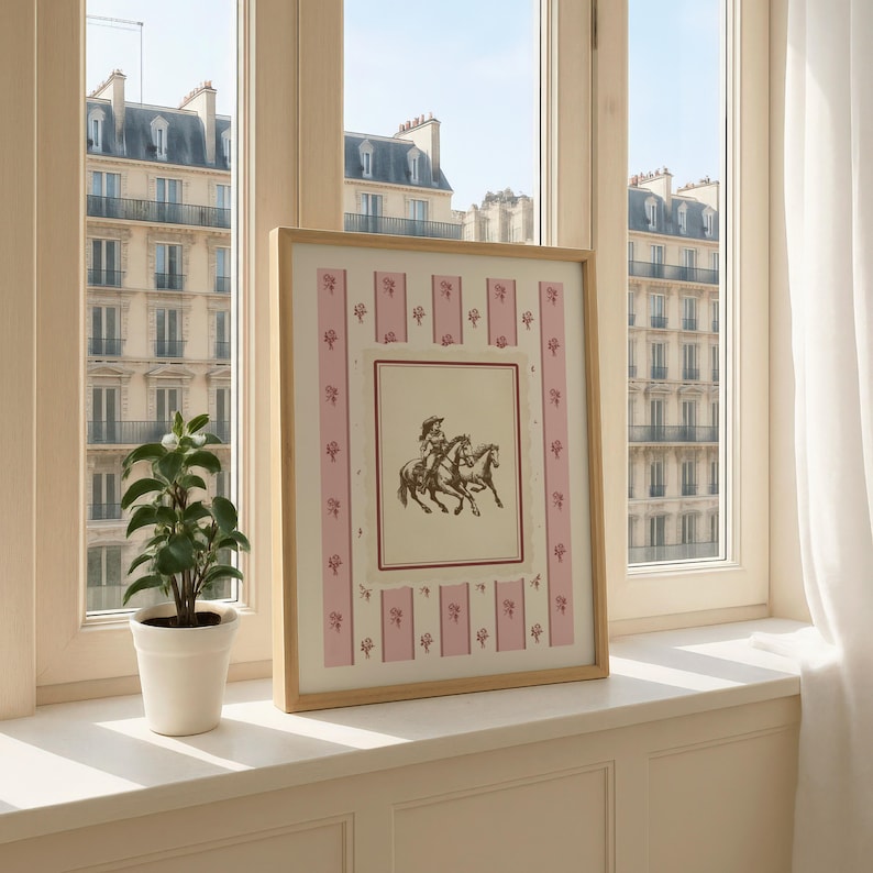 Cowgirl horseback art print with vintage sketch and pink floral toile stripes. A romantic coquettecore Western print perfect for quiet luxury interiors and modern cowgirl decor. Digital download.