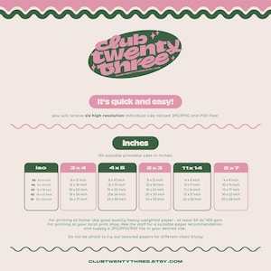 May include: A printable art size guide in pink, green, and beige. The guide includes a logo with the text "club twenty three" and lists various print sizes in inches, such as 8x10, 11x14, and 16x20.