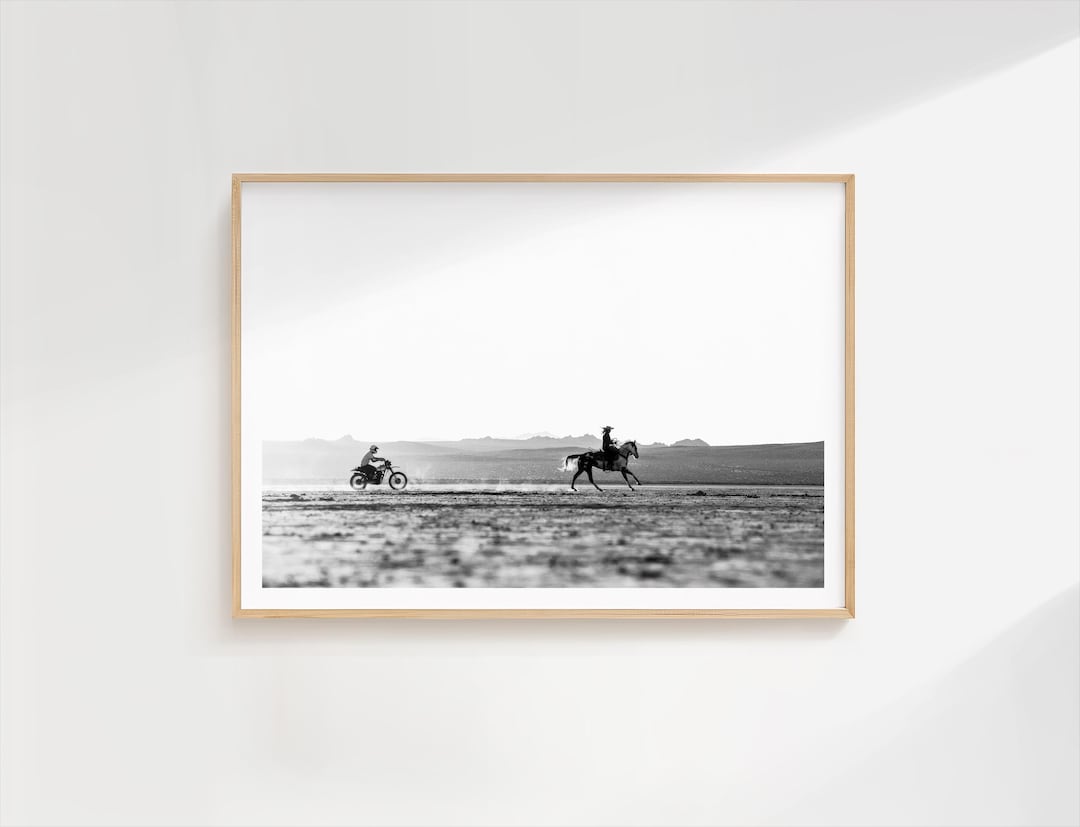 Horse and Motorcycle Desert Race Print – Black & White Cowboy Wall Art ...