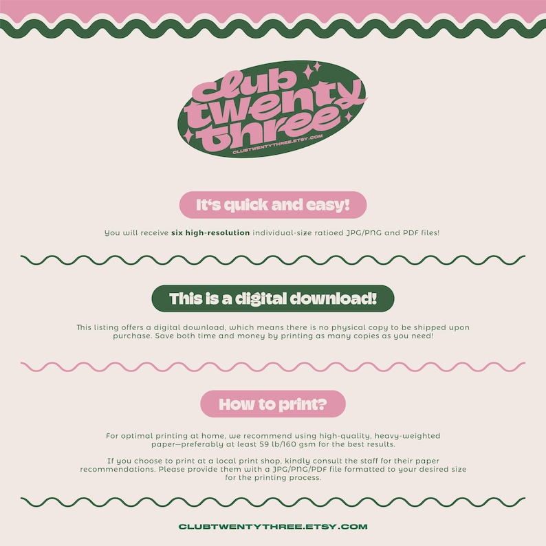 May include: A digital download advertisement with a pink and green color scheme. The text includes "Club Twenty Three" in a retro font, along with instructions on how to print the digital files. The listing offers six high-resolution JPG/PNG and PDF files.