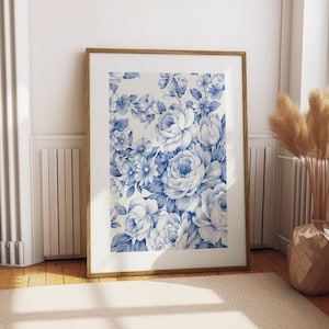 Blue Floral Chinoiserie Wall Art – Vintage Botanical Printable, Elegant French Country Decor, Traditional Digital Download for Living Room