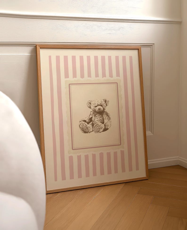 Vintage-style teddy bear art print with pink vertical stripes, French country nursery wall decor, digital download for baby girl’s room