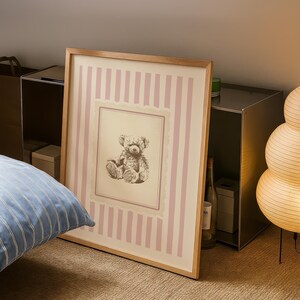 Vintage-style teddy bear art print with pink vertical stripes, French country nursery wall decor, digital download for baby girl’s room