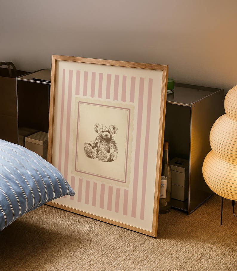 Vintage-style teddy bear art print with pink vertical stripes, French country nursery wall decor, digital download for baby girl’s room