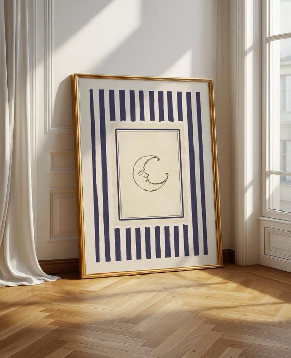Crescent Moon Vintage Print – Navy Stripe Celestial Nursery Art (Digital Download)