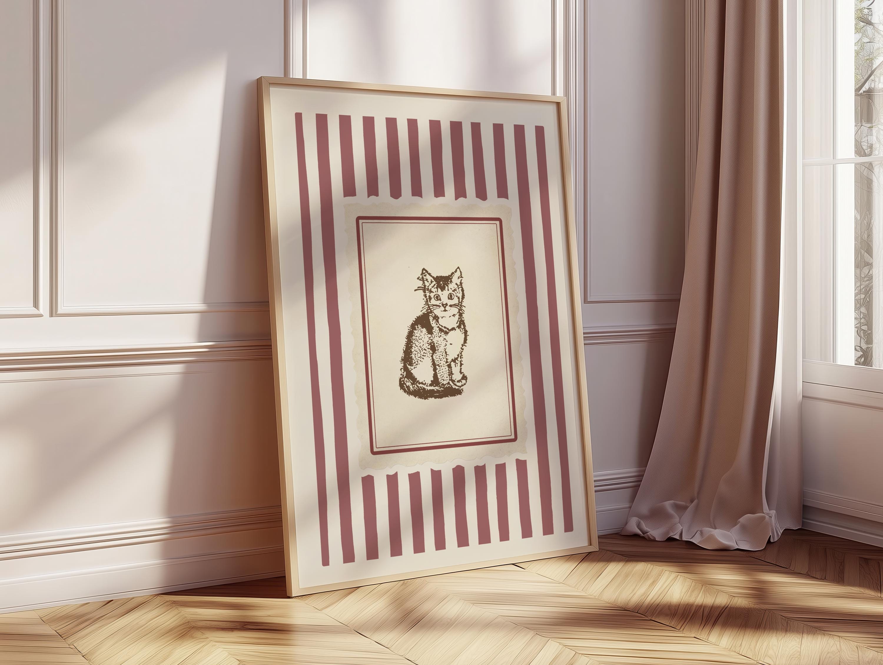 Lámina de gato vintage: Arte de pared infantil a rayas estilo cottagecore (descarga digital)