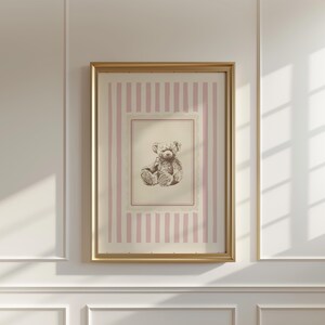 Vintage-style teddy bear art print with pink vertical stripes, French country nursery wall decor, digital download for baby girl’s room