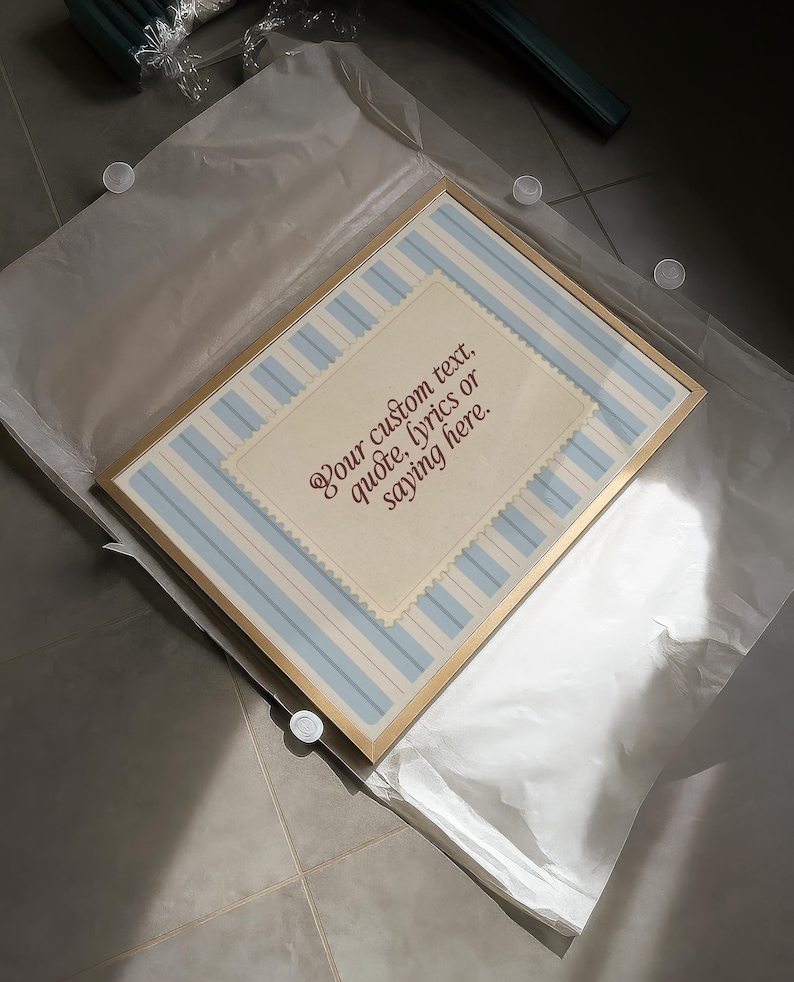 Framed custom quote printable with vintage cream parchment and pale blue vertical stripes. Editable wall art for personalized messages, lyrics, or names – perfect for baby gifts, coastal decor, or soft romantic spaces.