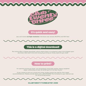 May include: A digital download advertisement in pink and green. The design features the text "Club Twenty Three" in a retro font, and instructions on how to print the digital files. The listing offers six high-resolution JPG/PNG and PDF files.