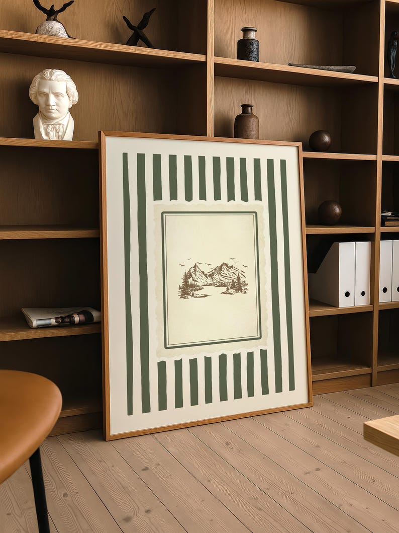 Vintage-style mountain landscape art print with forest green stripes, rustic nature wall decor, quiet luxury cottagecore digital download