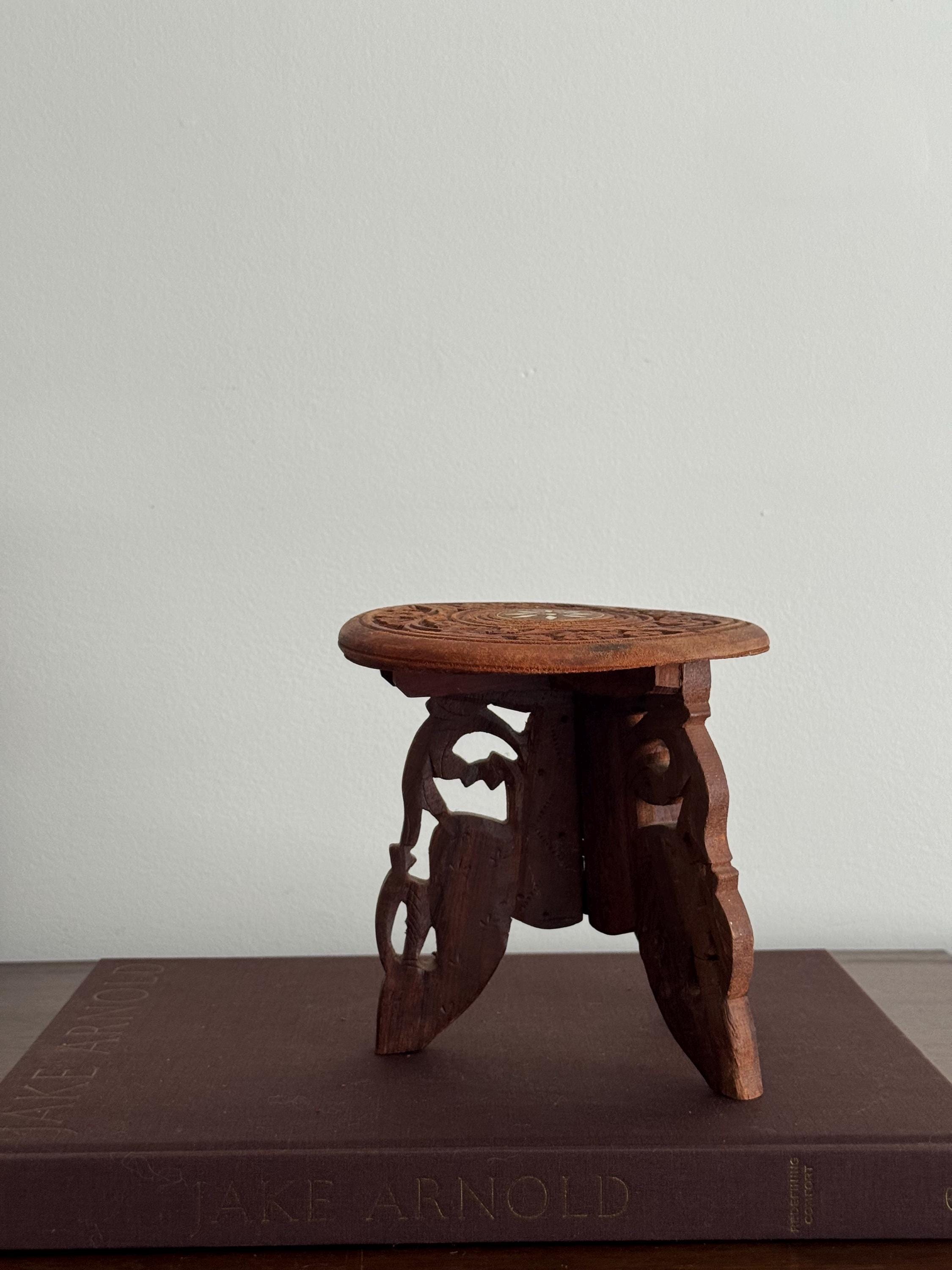 Vintage Hand-carved Wooden Plant Stand | Indian Inlaid Floral Stool - Etsy